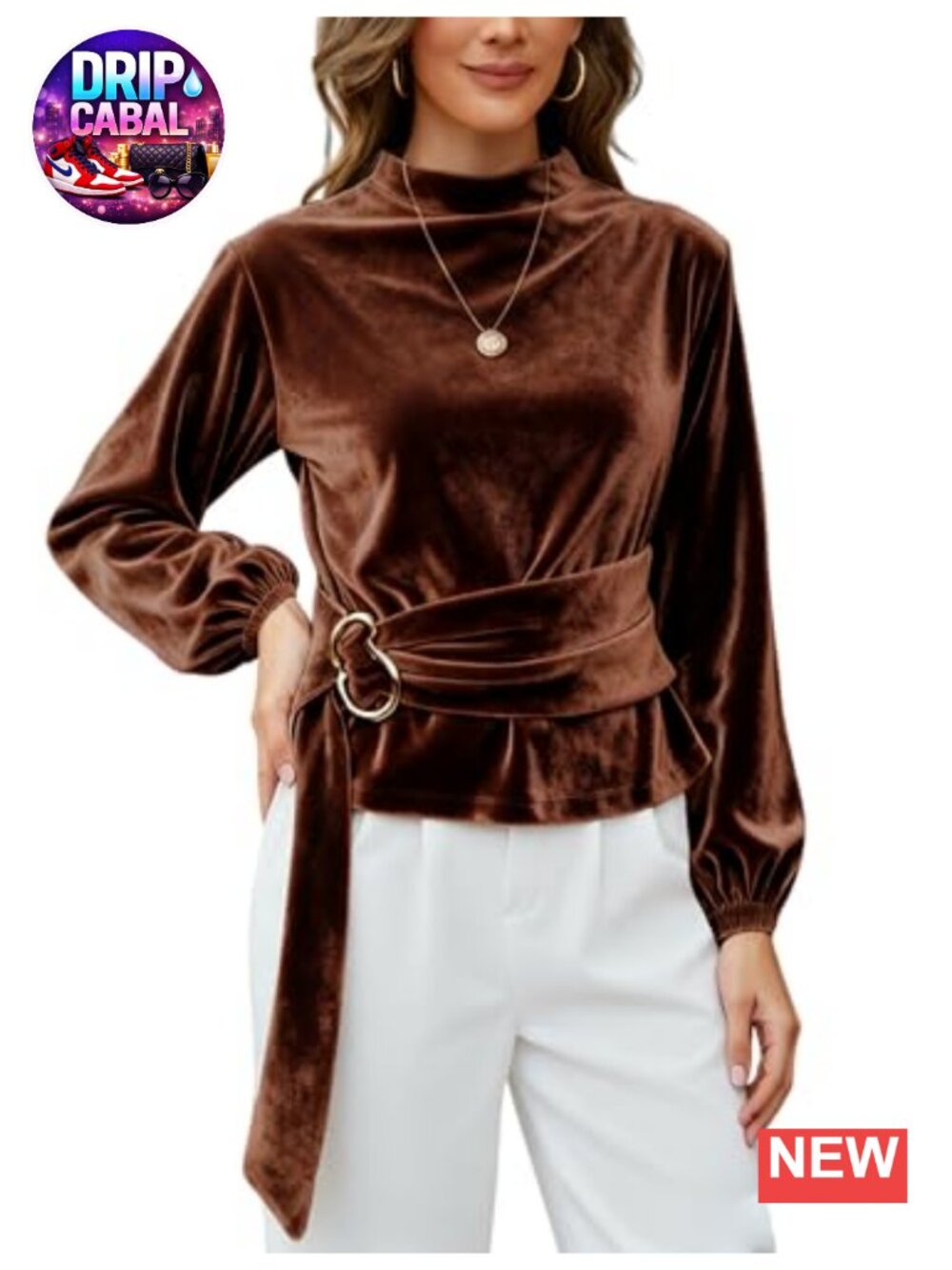 Women's Velvet Buckle Tie Top with Stand Collar Long Sleeve Blouse